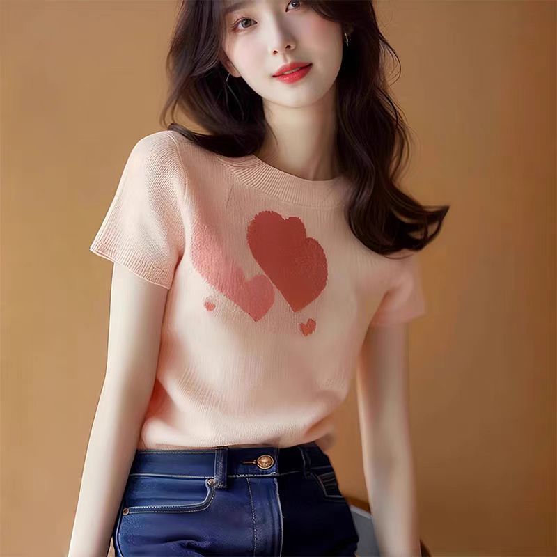 Áo thun dệt kim lụa tay ngắn họa tiết trái tim nữ tính — Màu hồng chi tiết 3