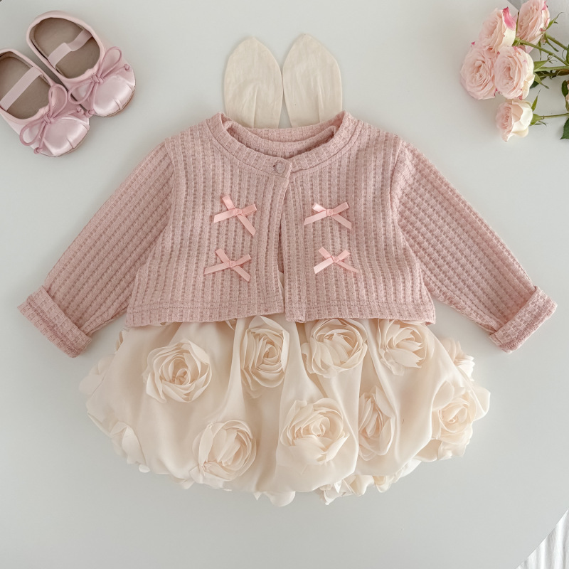 Baby Girl's dress 2025 Spring New Style Western Style Sweet Princess Dress suit Children's Cardigan Top Split Two