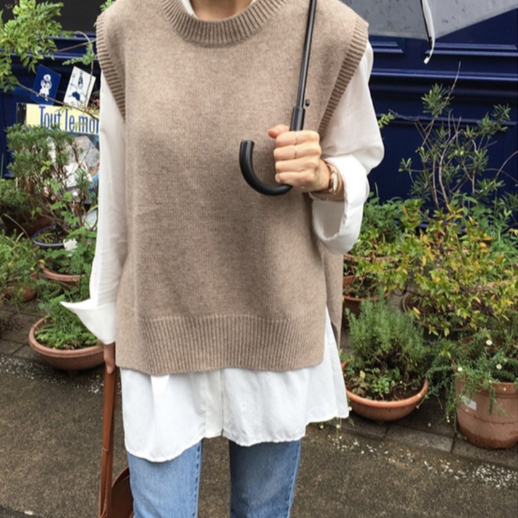 Autumn New Style College Style Round Neck Pullover Knitted Vest for Women Korean Style Loose Lazy Slit Sweater Vest