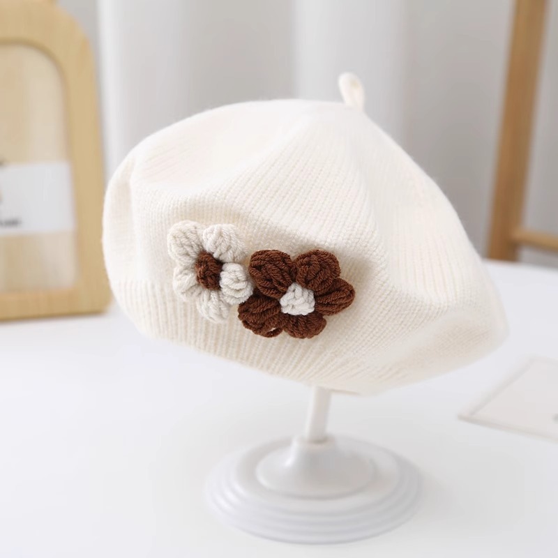 Bebé niña sombrero otoño e invierno Bebé boina de punto lindo pequeño flor de la niña del sombrero del pintor de lana de los niños sombrero de moda