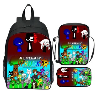New Printed Rhythm Zygmy Sprunki Three-Piece Set Schoolbag Cartoon Student Backpack Satchel Pencil Bag for Men and Women