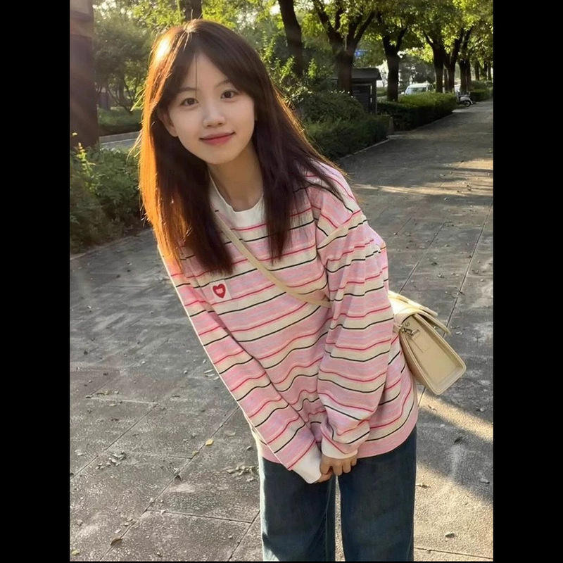 条纹设计感长袖宽松百搭情侣上衣慵懒风美式撞色休闲圆领打底衫潮|undefined