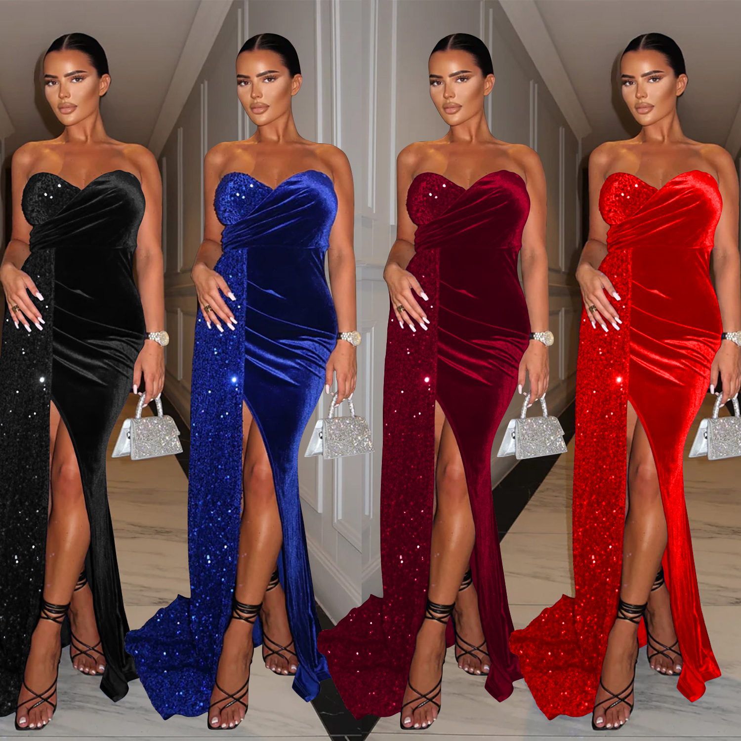 C6712 transfronteriza AliExpress Amazon ropa de mujer de moda europea y americana sexy lentejuelas gran swing costura vestido de pecho envuelto image 1