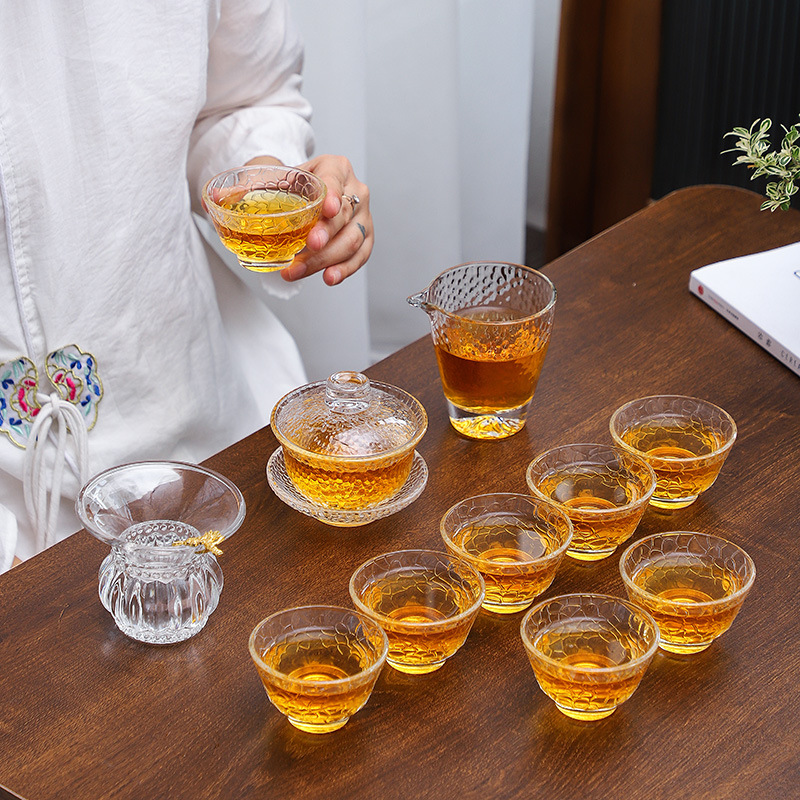 玻璃品茗杯 斗笠锤目纹小茶杯加厚耐热茶碗简意办 公家居功夫茶具