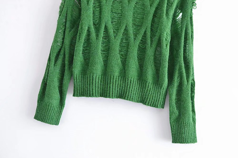 Green Ripped Knitted Turtleneck Sweater NSXFL103685