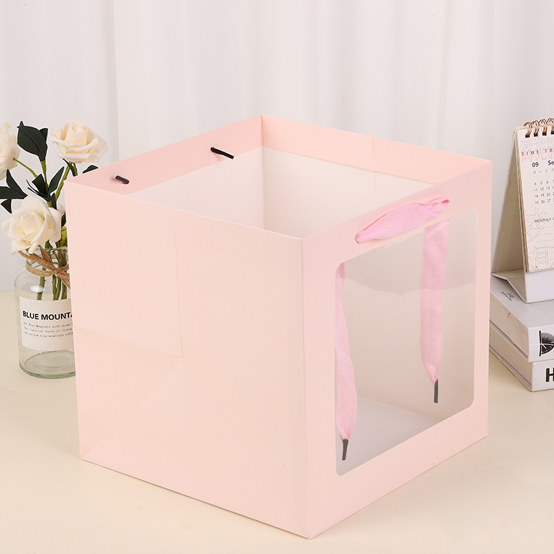 Bolsa de embalaje cuadrada engrosada flores boda bolsa de regalo de fondo ancho ventana transparente bolsa de regalo portátil bolsa de papel al por mayor