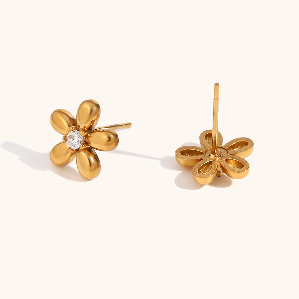 Zircon Inlay Material PVD Coated Real Gold Plated 18K Gold Crown Flower Stainless Steel Simple Style Waterproof Non Tarnish Ear Studs