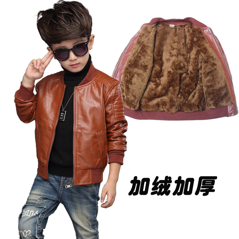 Abrigo de cuero para niños Otoño e Invierno Nuevo abrigo de abrigo cálido grueso con forro polar para niños medianos y grandes Chaqueta de cuero de PU primavera y otoño transfronteriza image 11