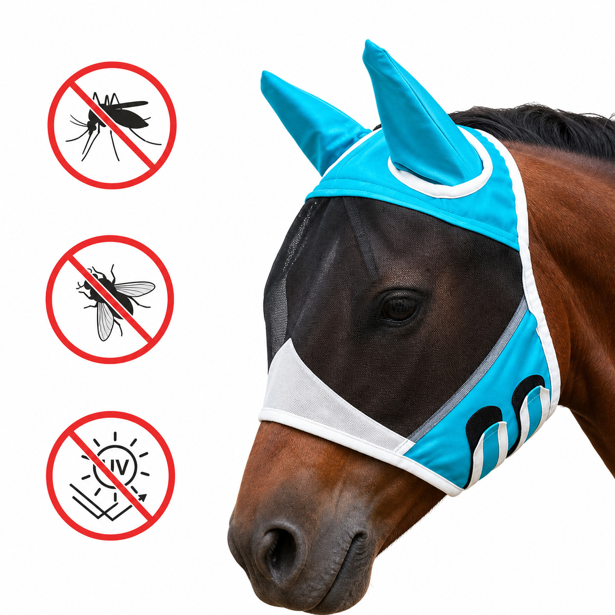 Horse face mask, horse head cover, breathable mosquito and insect repellent face mask, goggles, self-adhesive straps, adjustable comfort, equine protective gear.
