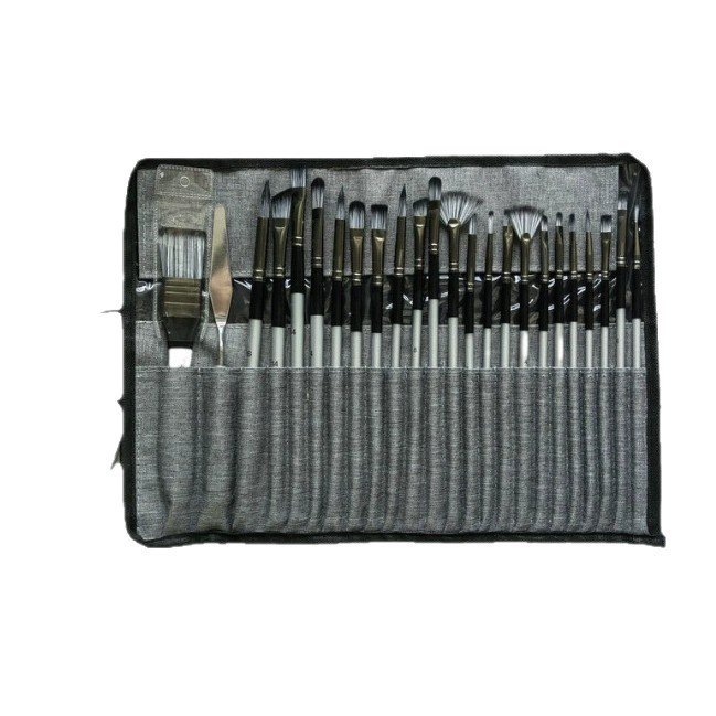 Cross-border Wholesale Nylon Hair Paint Brush Set for Art Students Gouache Watercolor Acrylic Oil Painting Brushes 24-Piece Set with Canvas Bag