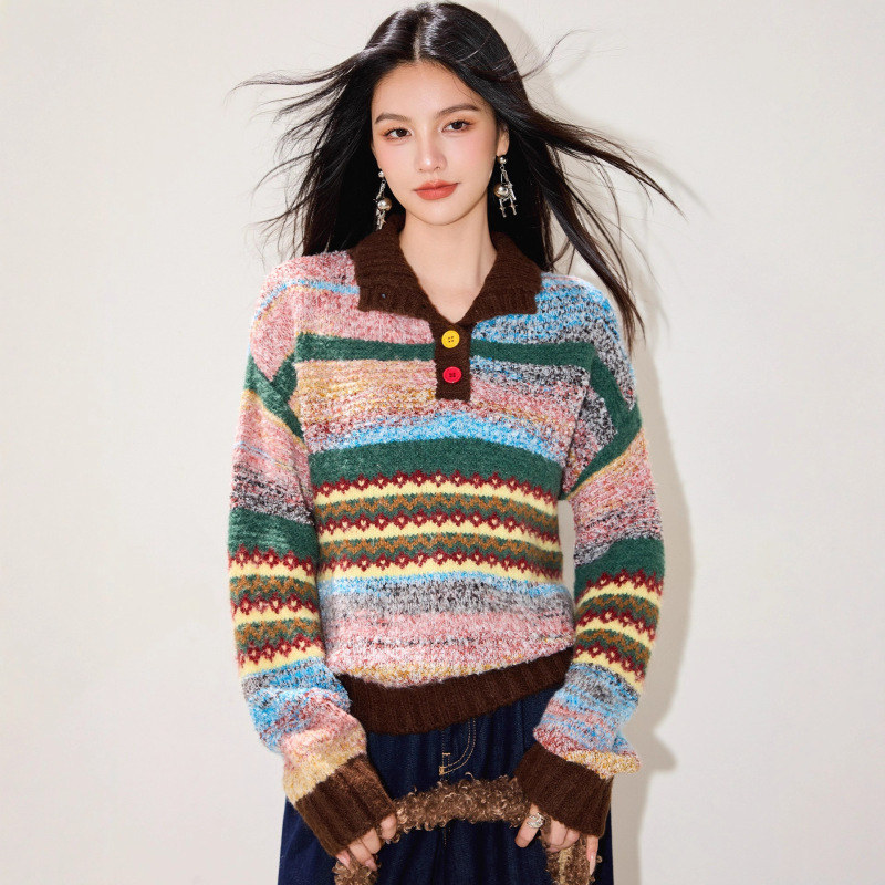 彩色复古polo领套头毛衣女秋冬季加厚设计感小众美拉德撞色针织衫|undefined