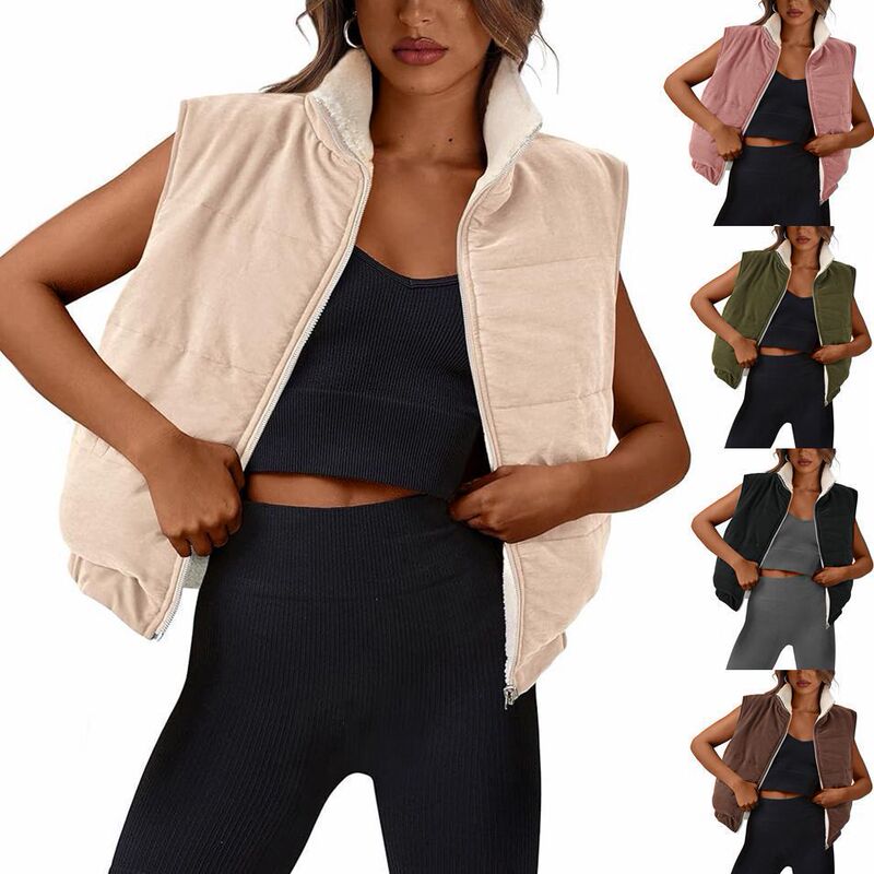2024 European and American Cross-border Women's Autumn and Winter New Vest Lambskin Zipper Sleeveless Double-sided Warm Jacket Coat 2024 European and American Cross-border Women's Autumn and Winter New Vest Lambskin Zipper Sleeveless Double-sided Warm Jacket Coat