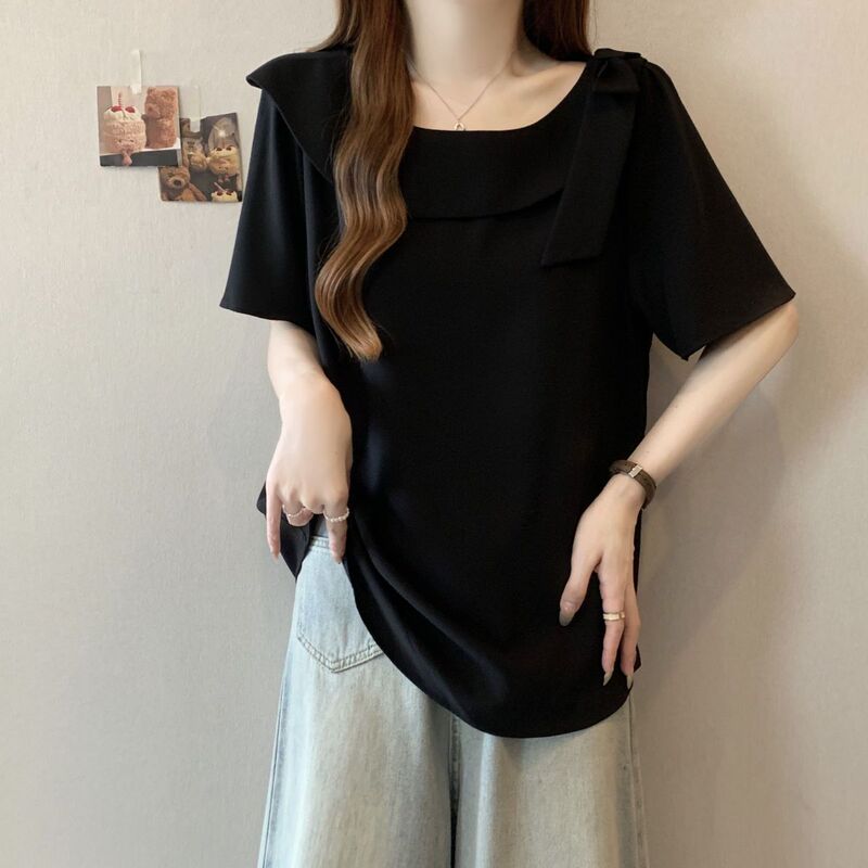 大码设计感蝴蝶结短袖衬衫女夏季新款胖mm宽松显遮肉瘦娃娃衫上衣|undefined