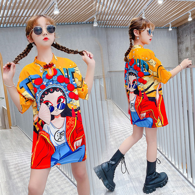 Girls kids peking opera printed chinese dress stage performance fairy dress tang suit drama cosplay qipao dress for girls