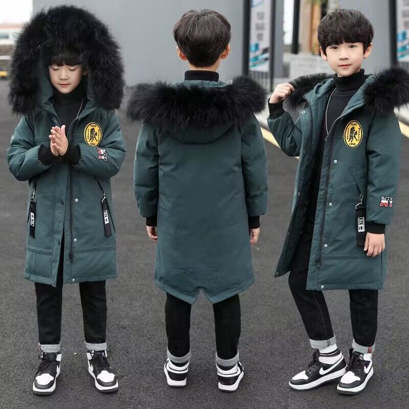 Winter New Boys' Cotton Jacket Korean Style Medium and Large Children Thick Down and Cotton Children Medium and Long Length Big Hood Cotton Coat Outerwear