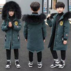 Winter New Boys' Cotton Jacket Korean Style Medium and Large Children Thick Down and Cotton Children Medium and Long Length Big Hood Cotton Coat Outerwear