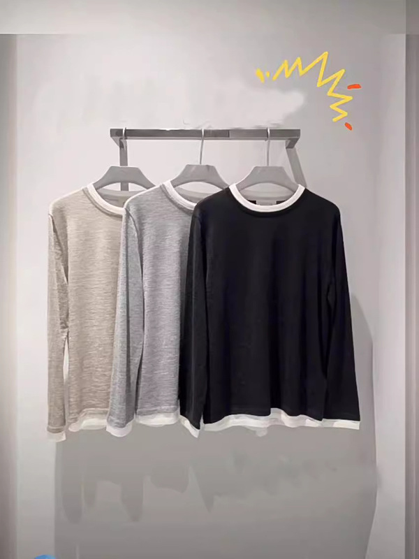 【2/60本ウール】ERD丸首偽2枚ニットtシャツ女性24早秋新商品ゆるい通勤ジャケット|undefined