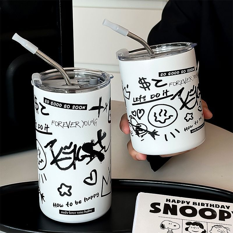 クリエイティブ落書きステンレスコーヒーカップ女子オフィスストローカップ高颜値保温カップ家庭用コップカップカップ|undefined