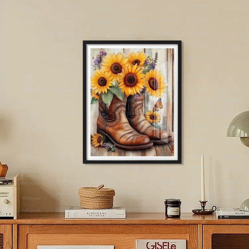 Mona Lisa real girasol de bordado cruzado y viejos zapatos de cuero nuevo estilo minimalista estética pequeña sala de estar bordado