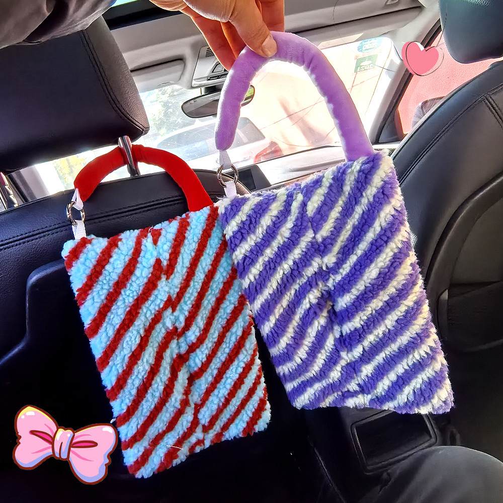 Factory Direct Supply of New Car Tissue Box Plush Striped Car Multifunctional Hanging Tissue Paper Bag for Home and Car