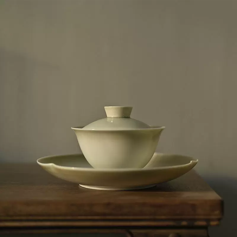 日式草木灰盖碗手工三才杯功夫茶岩茶盖碗家用简约青草盖碗