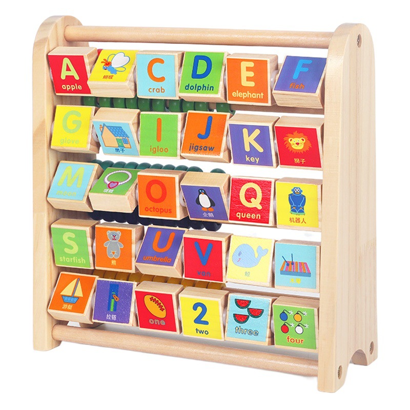 Madera multifuncional infantil ver gráficos aprendizaje pinyin 2 en 1 marco de cálculo de tablero de flip juguete cognitivo de educación temprana