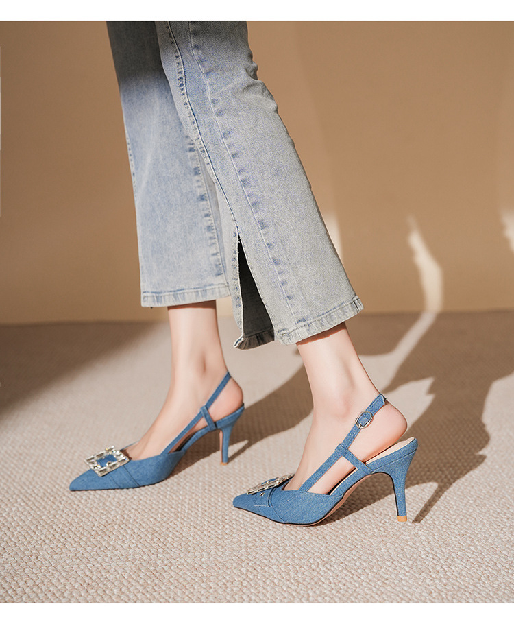 7755-3 Denim Blue Style Bag Open Toe Backless Sandals Thin Heel High Heels Elegant Commuting Professional_voghion.com