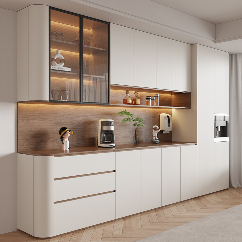 Cream-Colored Enf-Grade Solid Wood Sideboard with Integrated High Cabinet Against the Wall for the Living Room, Glass Wine Cabinet with Rounded Edges, Household Storage Cabinet Cream-Colored Enf-Grade Solid Wood Sideboard with Integrated High Cabinet Against the Wall for the Living Room, Glass Wine Cabinet with Rounded Edges, Household Storage Cabinet