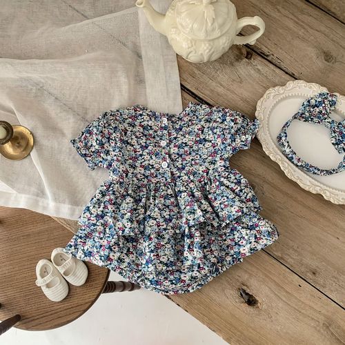 ins summer style infant and children one-piece clothes for baby girl small floral short-sleeved romper with hair tie