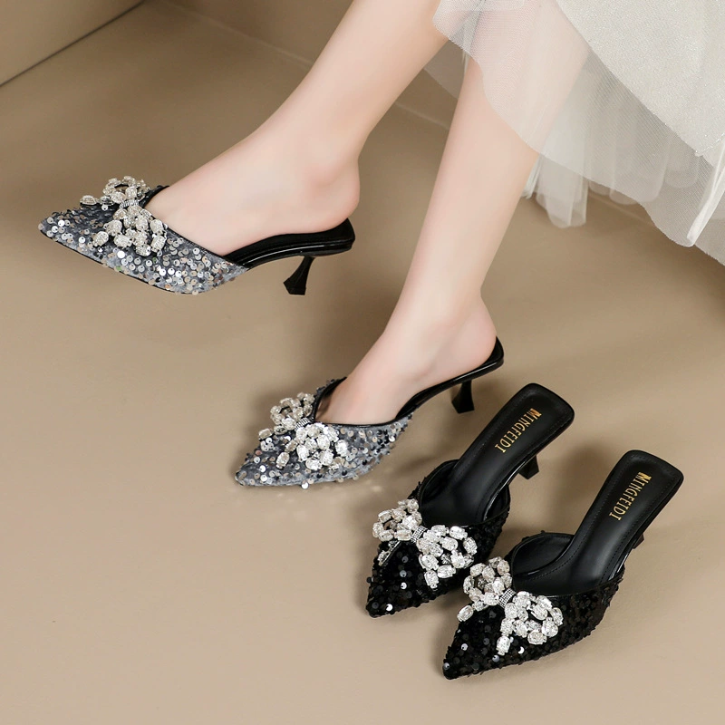 2024 новый стиль бант французские стразы с каблуком и полусотка тапки женские наружные носки летние высокие каблуки заостренные холодные тапочки