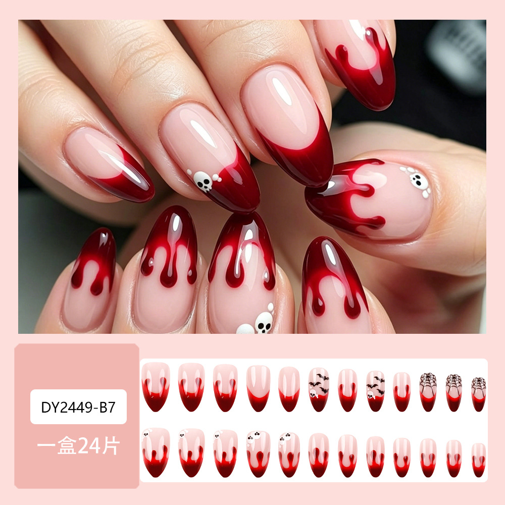 Transfronterizos Halloween gota de sangre manicure francesa murciélago oscuro viento caliente chica usar uñas 24 piezas de parche de uñas lote mixto