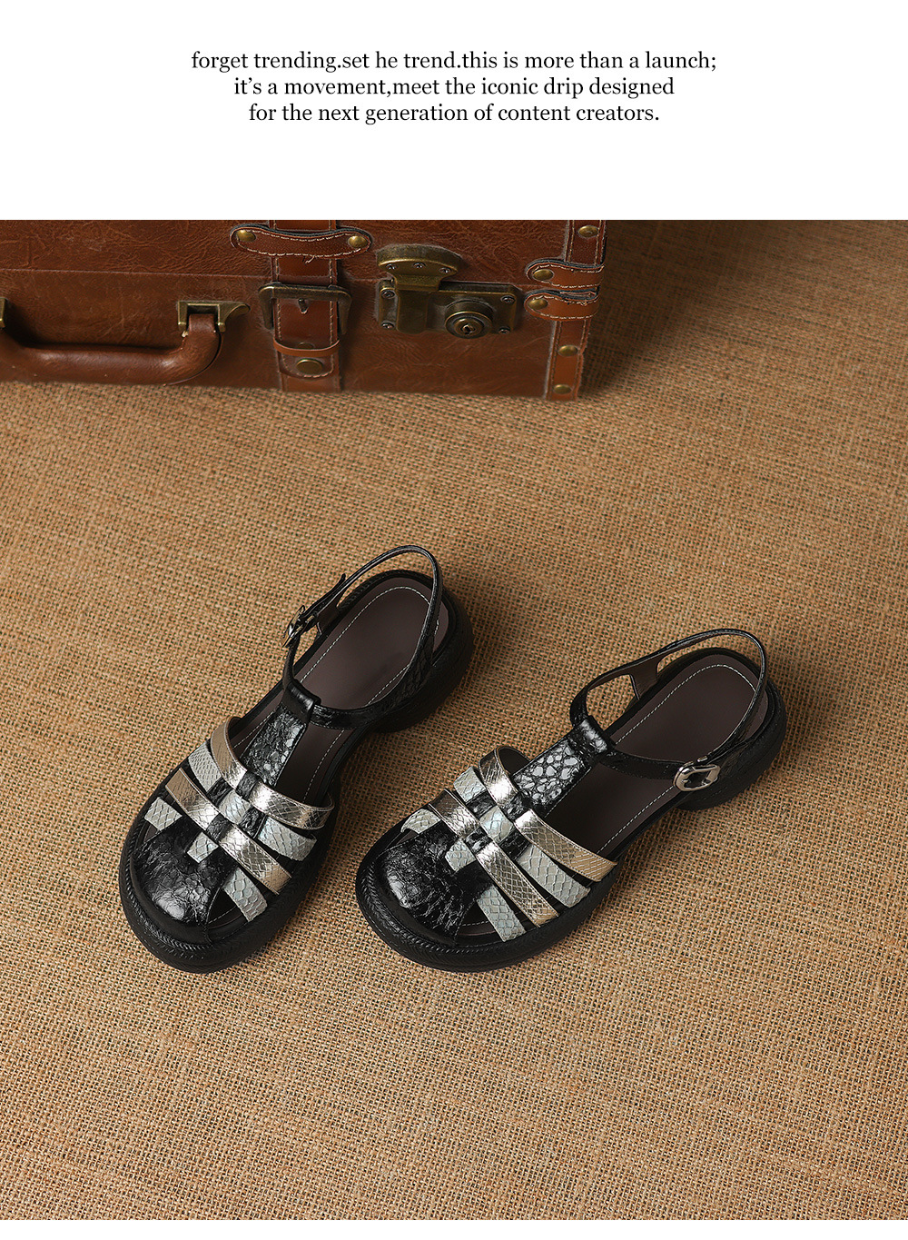 Sandal nữ da cừu dệt màu phối mũi kín quai chữ T, đế dày 4 cm, phong cách La Mã — đen chi tiết 20