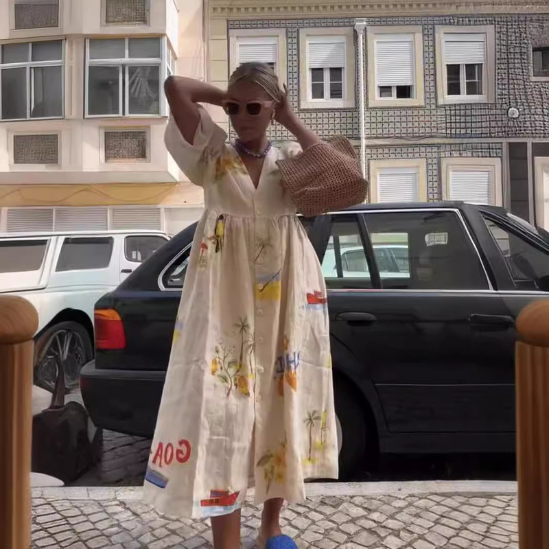 Fashion Printed V-Neck Cute Short-Sleeved Loose Dress Spring/Summer 2024 New European and American Cross-Border Loose Dress