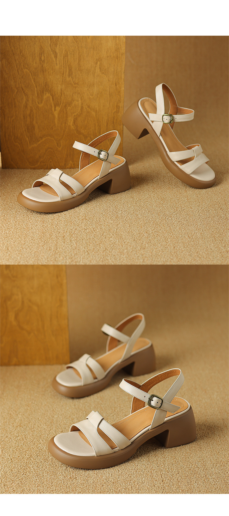 Sandal cao gót nữ hở mũi phong cách La Mã quai ngang đế dày gót thô — Màu nâu đậm chi tiết 12