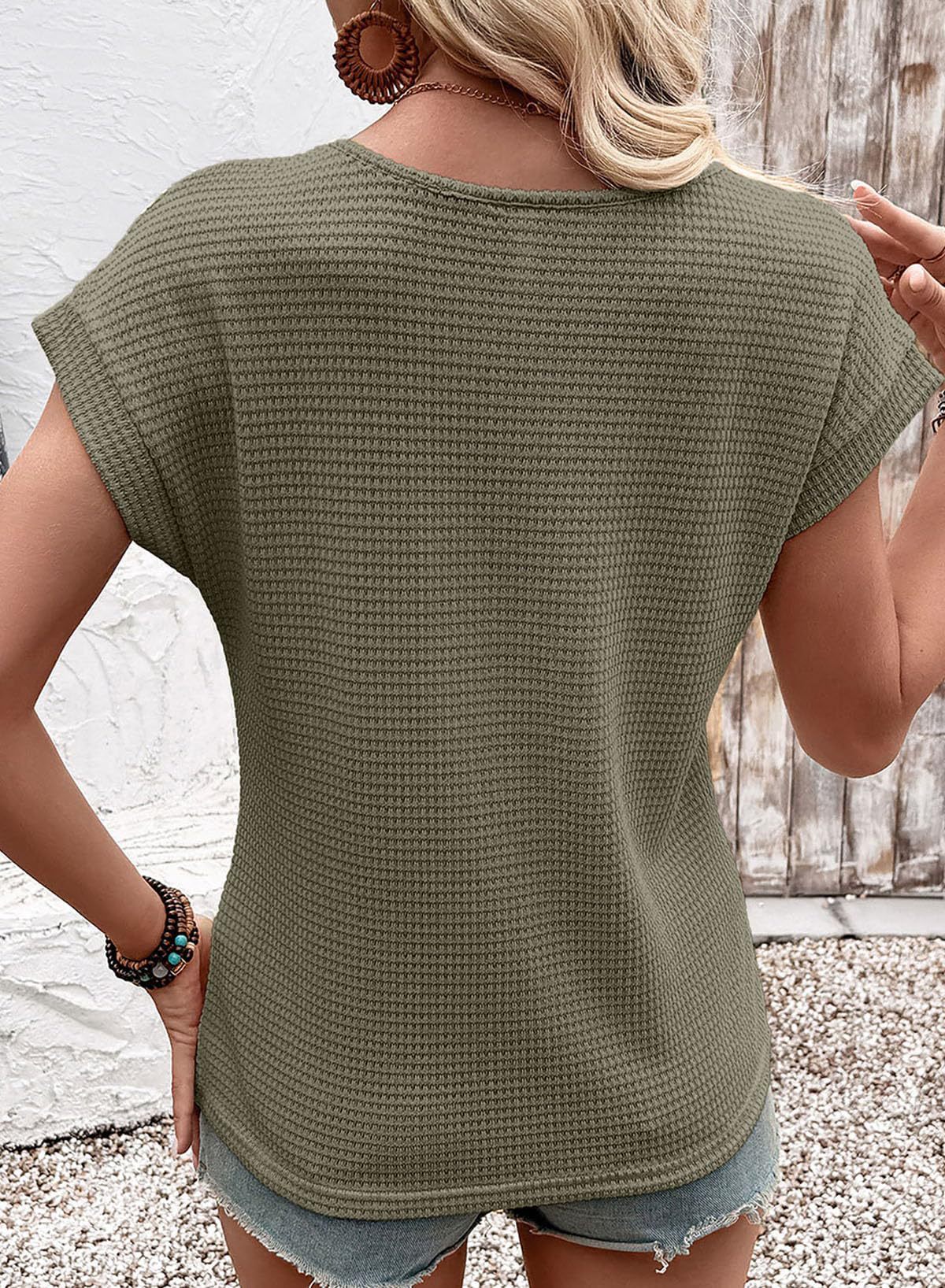 Summer Women's Round Neck T-Shirt Lace Hollow Out Short Sleeve Waffle Knit American Style New_ecoleips.com