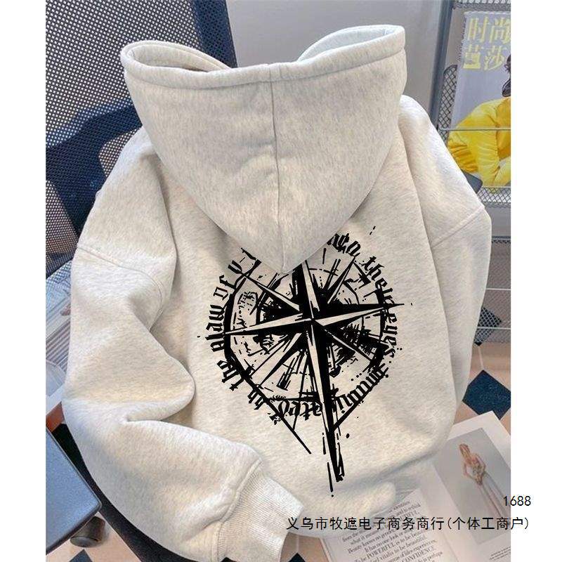 Retro hooded printed kangaroo pocket sweatshirt, new autumn/winter style, fleece-lined and thickened, casual and stylish, suitable for couples