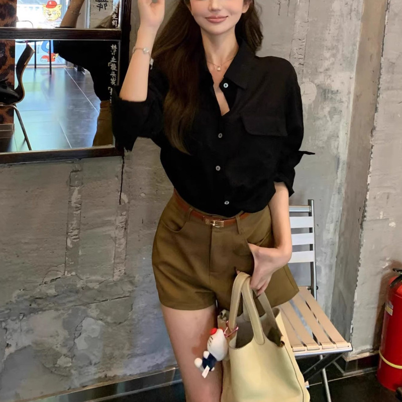 赫本风法式小众黑色衬衫女夏正肩独特气质长袖衬衣早秋设计感上衣|undefined