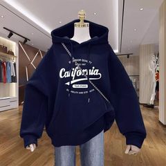 美拉德秋季藏青色连帽卫衣女新款加绒设计感小众印花外套