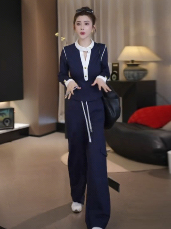 时尚休闲运动套装女春秋气质设计感撞色修身长袖上衣阔腿裤两件套|undefined