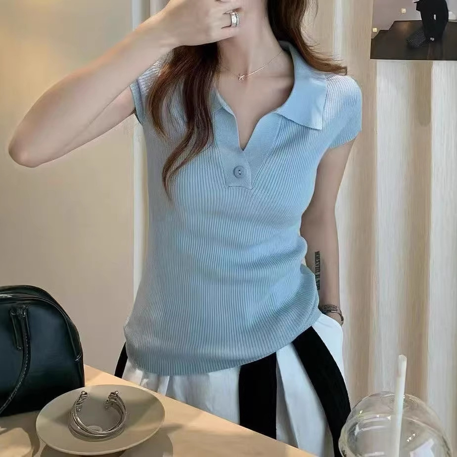 韩系简约POLO领短袖针织衫夏季女装2026新款收腰显瘦休闲百搭上衣