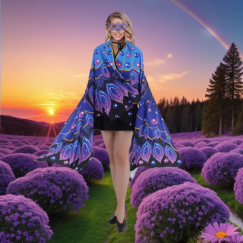 Pavo estrellado pantalla abierta capa de plumas alas capa impresión digital giratoria capa de punto accesorios de baile