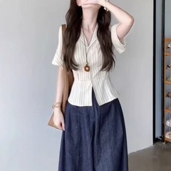 纯欲风套装女2025夏季新款韩系洋气绑带收腰条纹衬衫阔腿裤两件套