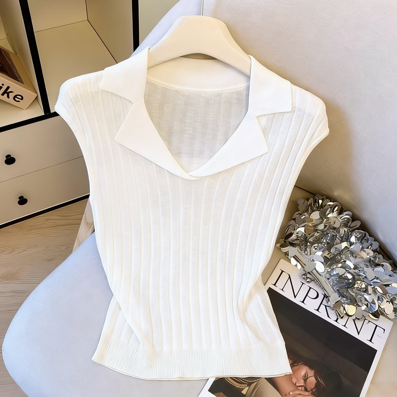 Dongguan Dalang Wool Knitwear Suit Polo Collar Sleeveless Vest for Women Summer Loose Ribbed Top Dongguan Dalang Wool Knitwear Suit Polo Collar Sleeveless Vest for Women Summer Loose Ribbed Top