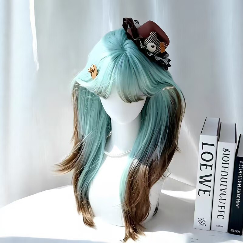 【Thin and Delicate】Women's Wig Mint Green Gradient Brown High-Layered Long Straight Hair Lolita Anime Daily Full Head Wig 【Thin and Delicate】Women's Wig Mint Green Gradient Brown High-Layered Long Straight Hair Lolita Anime Daily Full Head Wig