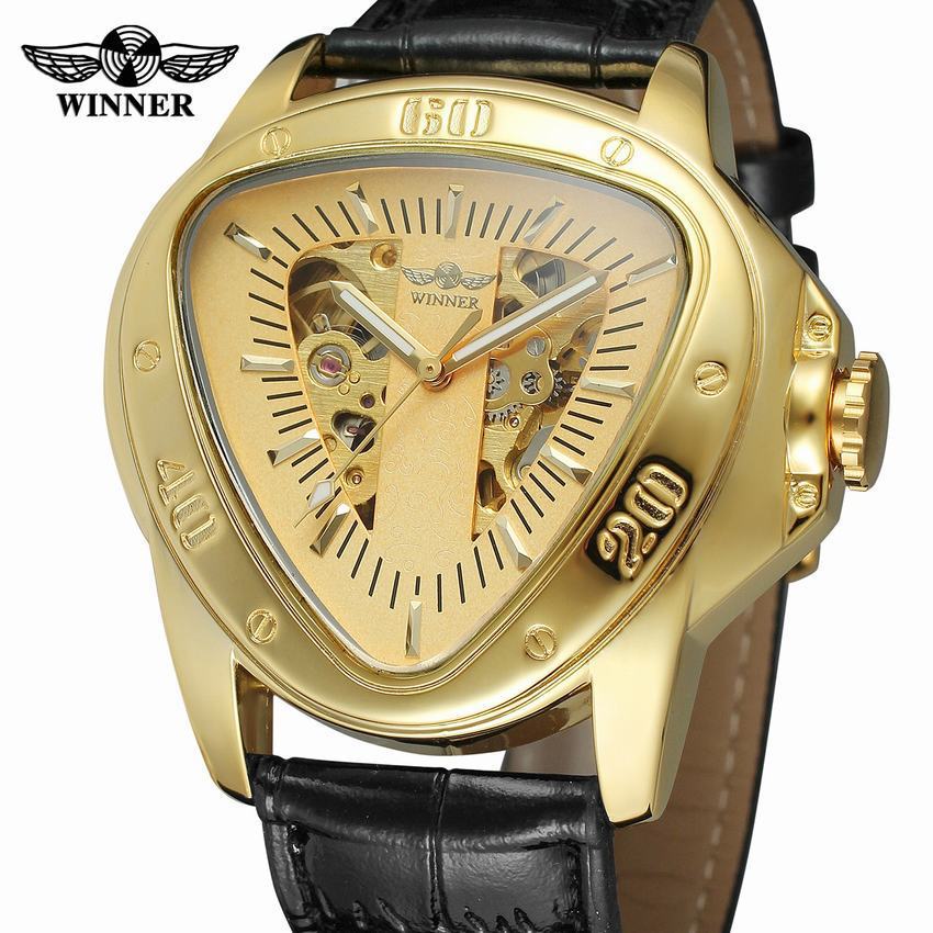 Ganador hombres de negocios reloj mecánico cinturón hueco reloj mecánico automático triángulo caso en forma de reloj