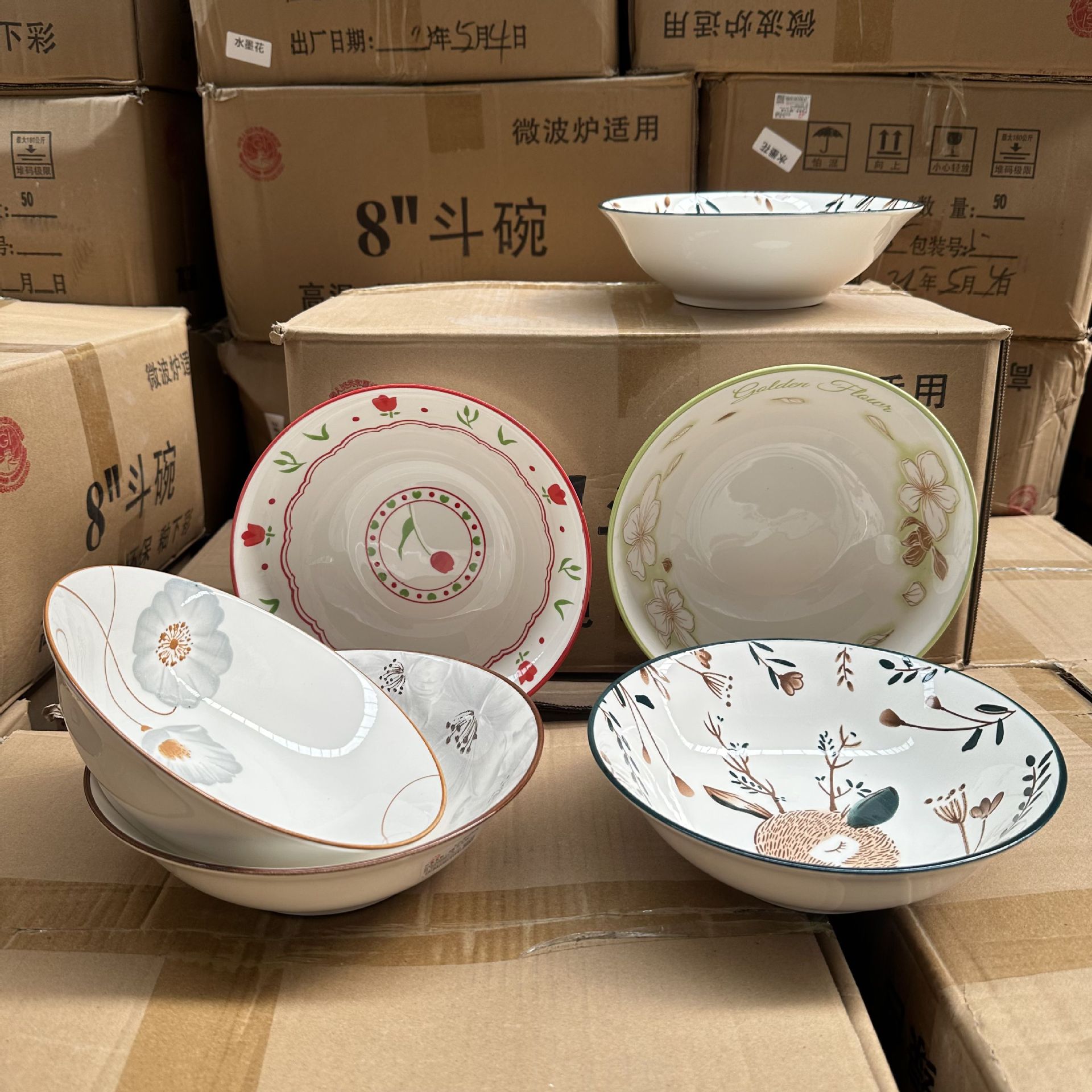 山西陶瓷百货批发印花8英寸斗碗釉下彩陶瓷斗碗摆地摊两元店多元