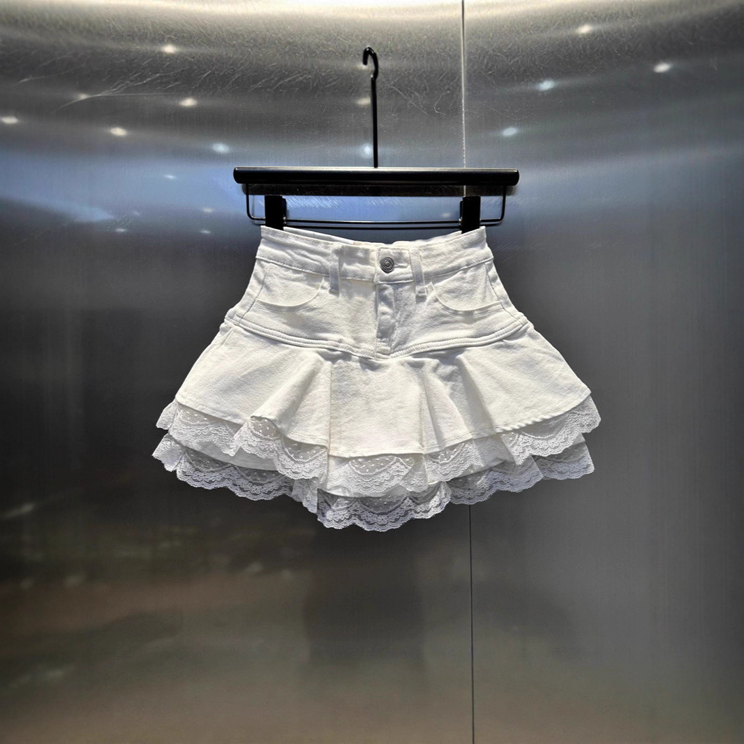 Sexy Pure Lust Style Lace Splicing Denim Skirt 20245 Autumn and Winter New Anti-Exposure Fluffy Cake