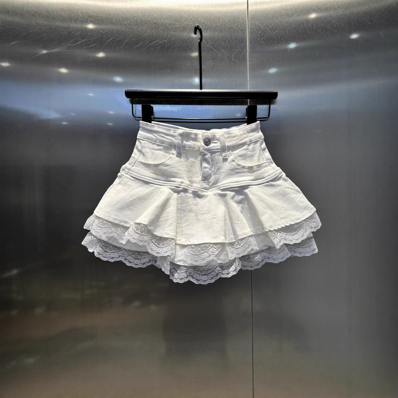 Sexy Pure Desire Style Lace Trim Patchwork Denim Skirt New Style Anti-Exposure Puffy Cake Skirt