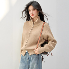 美式双拉链翻领开衫毛衣女2025秋冬新款高领坑条短款针织长袖外套