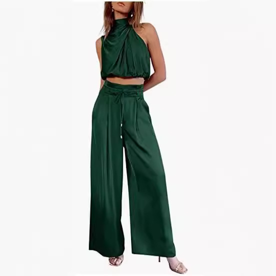 Women's 2-piece Summer Casual Sleeveless Collar Open Navel Top Wide Leg Pants Set_voghion.com